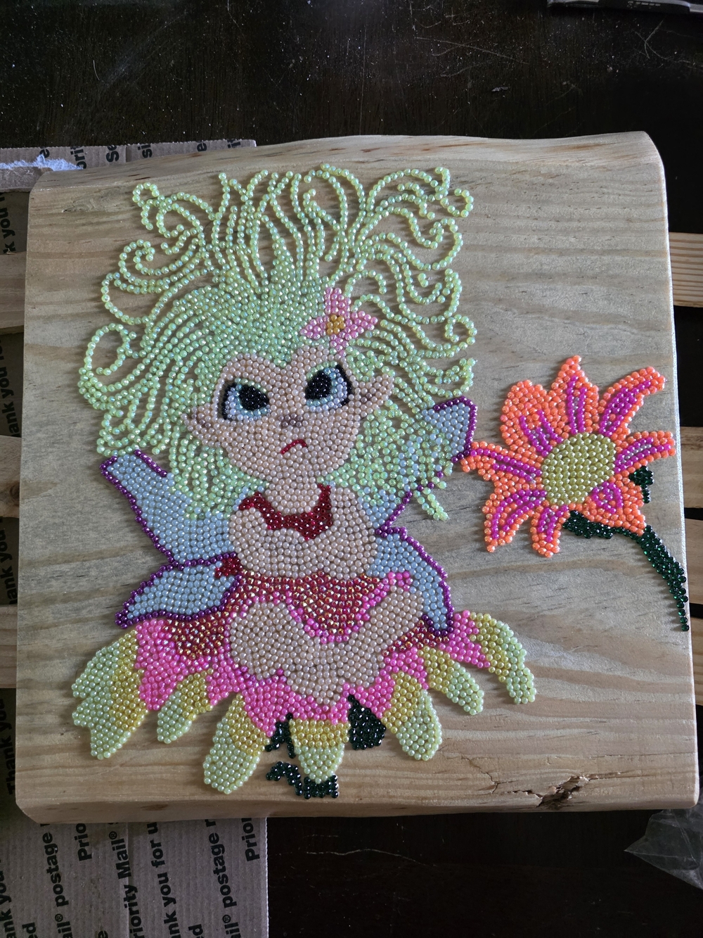 Beaded Fairy Art Panel in Pastel Greens and Pinks